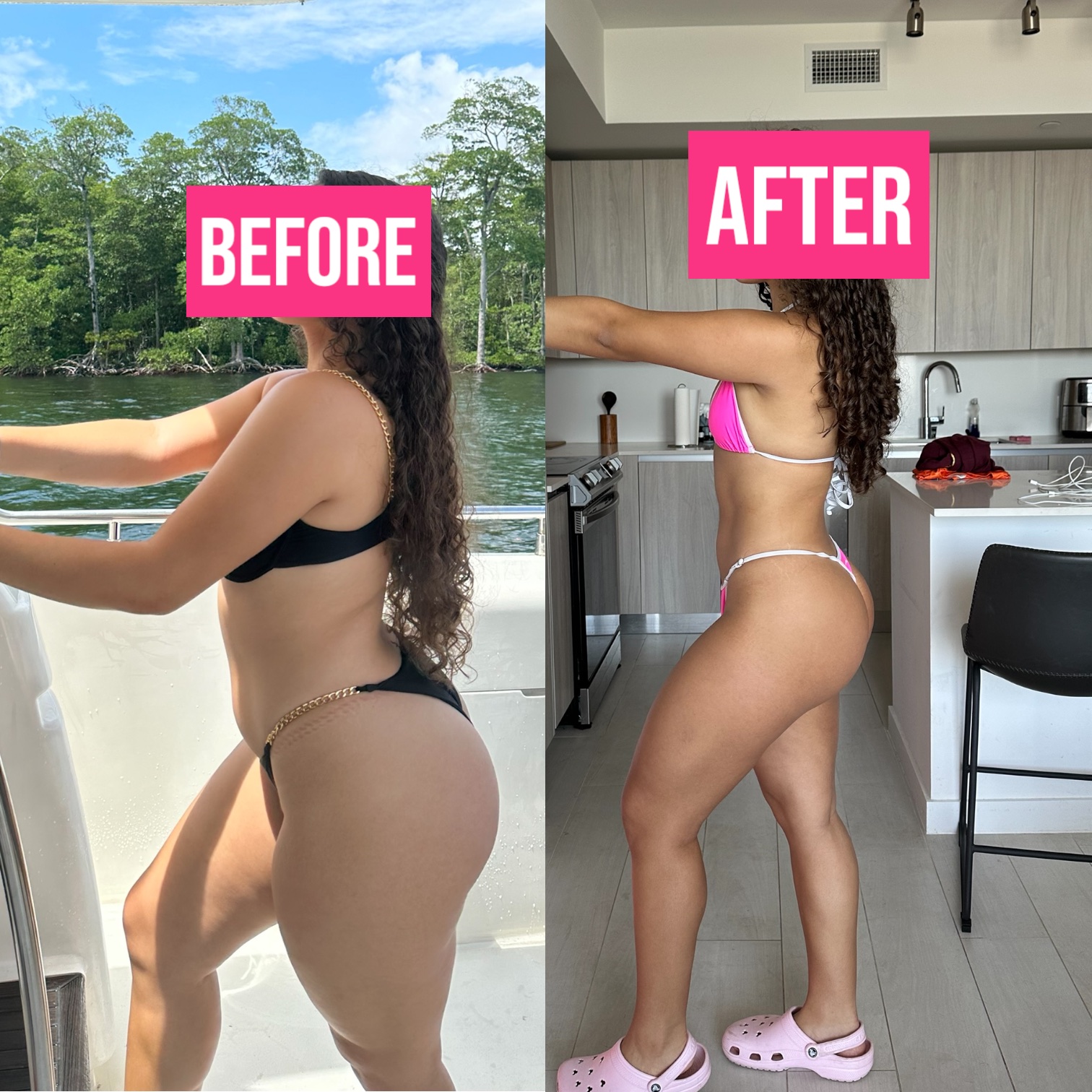 Before and after fitness transformation in pink swimwear